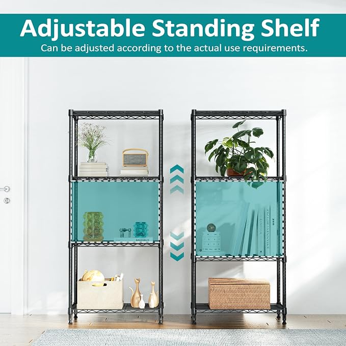 4 Tier Wire Shelf, 1000 LBS Black Wire Shelving Unit for Garage Storage | 13.8" D X 23.6" W X 53.4" H Shelving Unit with Adjustable Layer, Metal Wire Shelf Rack for Pantry Kitchen and Restaurant