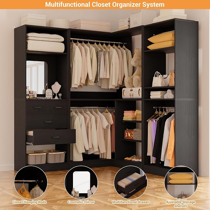 Unikito 86” Closet System, Corner Closets Organizer with Hanging Rods and Mirror, Freestanding Adjustable Clothes Garment Racks with Drawers, Sturdy Walk in Closet Kit with 3 Set Closets Tower, Black
