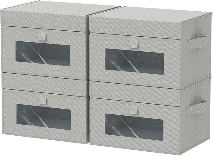 Transparent Window Storage Bin, Cube Organizer Basket with Flip-Top Lid and 2 Handles, Decorative Boxes with Cover, 4 Pack, Grey, 10.2 x 7.9 x 6.7 In, XSNY17GS-4