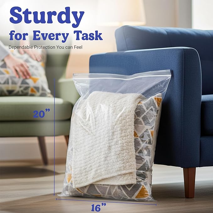 Heavy Duty Zip Seal Lock Clear Storage Bags, 8 Mil Plastic Zip Top Bag, Reusable Poly Gallon Bag for Clothes, Backpacks, Bedding, 16"x20", Pack 15