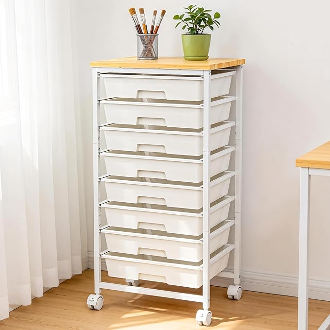 Rolling Storage Cart with 8 Drawers, Utility Cart with Wooden Tabletop and Lockable Wheels, Movable Craft Cart, Craft Storage Organizer for Living Room, Bedroom, Classroom, Office, White
