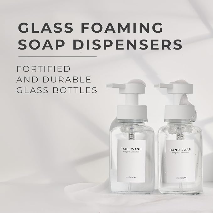 MaisoNovo Glass Foaming Soap Dispenser 14 Oz | Glass Bottles Pumps x 2 Clear