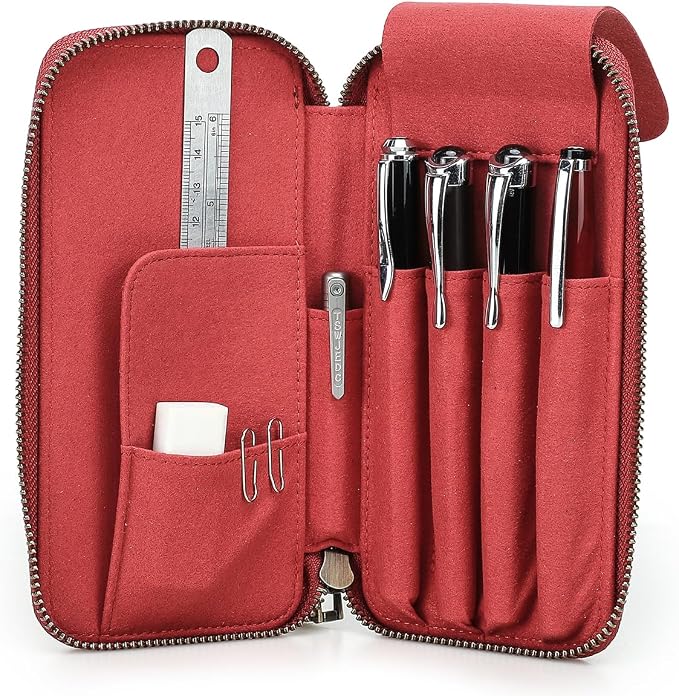 CONTACTS Full Grain Leather Pencil Case for Women Handmade Vintage Zipper Pen Holder Pouch with Card Slot Pens Organizer Pockets Stationery Bag (Red)