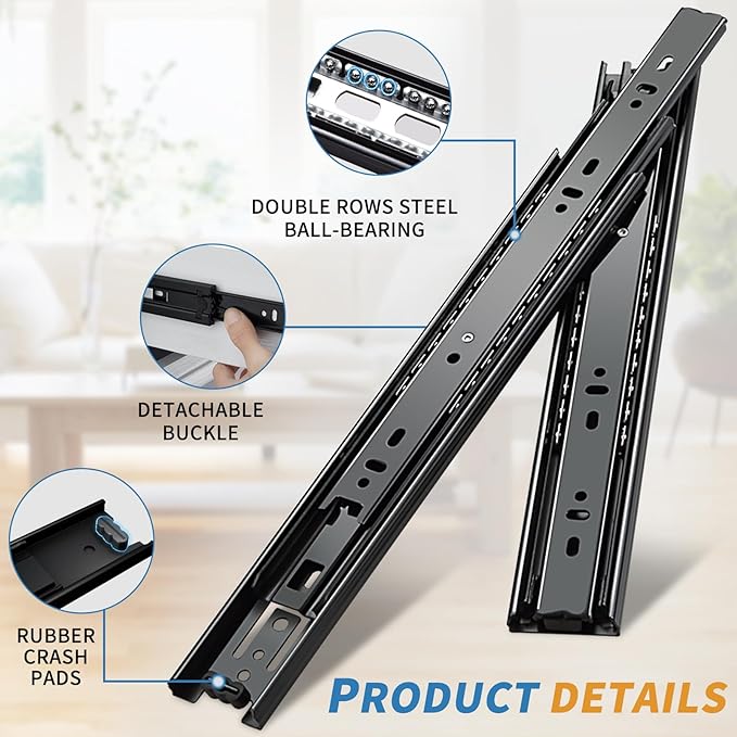 YENUO 5 Pairs 3-Fold Full Extension Drawer Slides Ball Bearing 10–24 Inch | Cabinet Drawer Glides Heavy Duty 100LB Smooth Quiet Rails Easy to Install 10–24 Inch for Kitchen Dresser Furniture Hardware