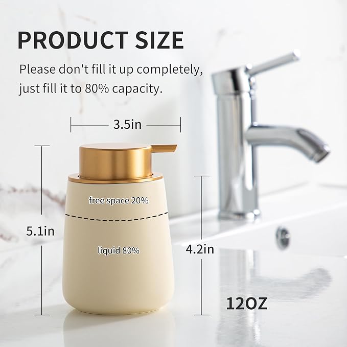 Enra Ceramic Soap Dispenser,12 oz Hand Lotion Dispenser with Gold Pump,Wide-Mouth Refillable Dish Soap Dispenser,Modern Liquid Soap Dispenser for Kitchen & Bathroom Countertop Decor
