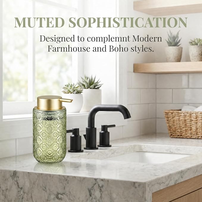 Green and Gold Glass Foaming Hand Soap Dispenser | Matte Gold Pump Embossed Glass Bottle Refillable Bathroom Kitchen Decor 13.5 oz