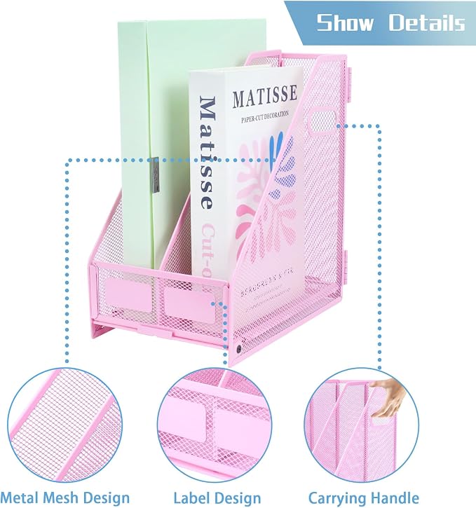 Desk Organizers Metal Magazine File Holder Racks Desktop Folder Storage Binder Organiser Document Organization for Home Office & Classroom,2 Vertical Compartments-Pink