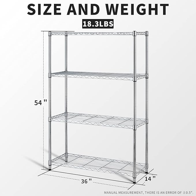 HCY 4-Tier, Shelf Heavy Duty, Shelving Unit NSF Height Adjustable Metal Storage Rack for Laundry Bathroom Kitchen Garage Pantry Organization 1000 LBS Capacity -14''x36''x54'' (Chrome)