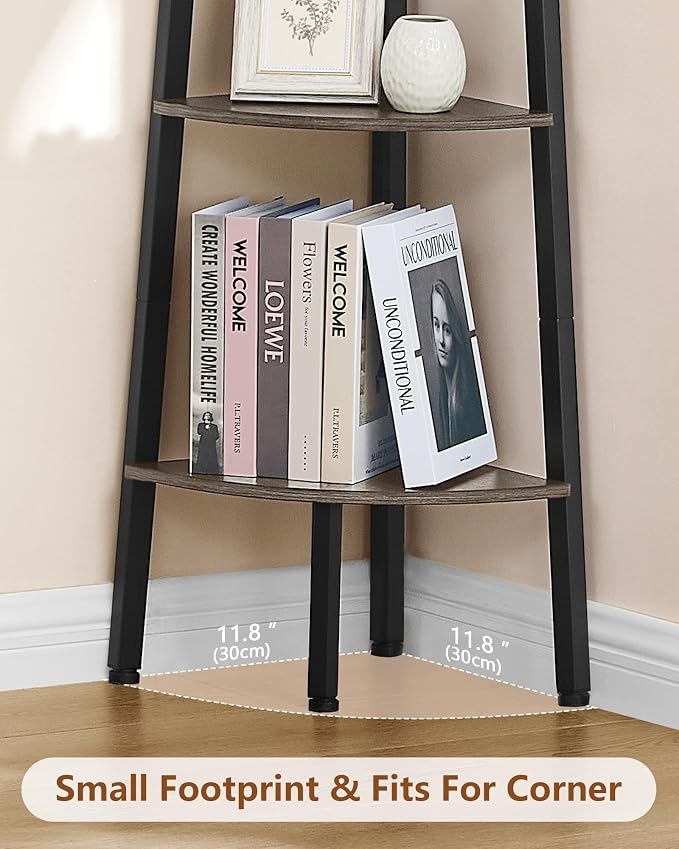 Hoctieon Corner Shelf, 4-Tier Corner Bookshelf, Rustic Ladder Shelf, Industrial Display Stand for Living Room, Kitchen, Home Office, Balcony, Small Space, Metal Frame, Grey