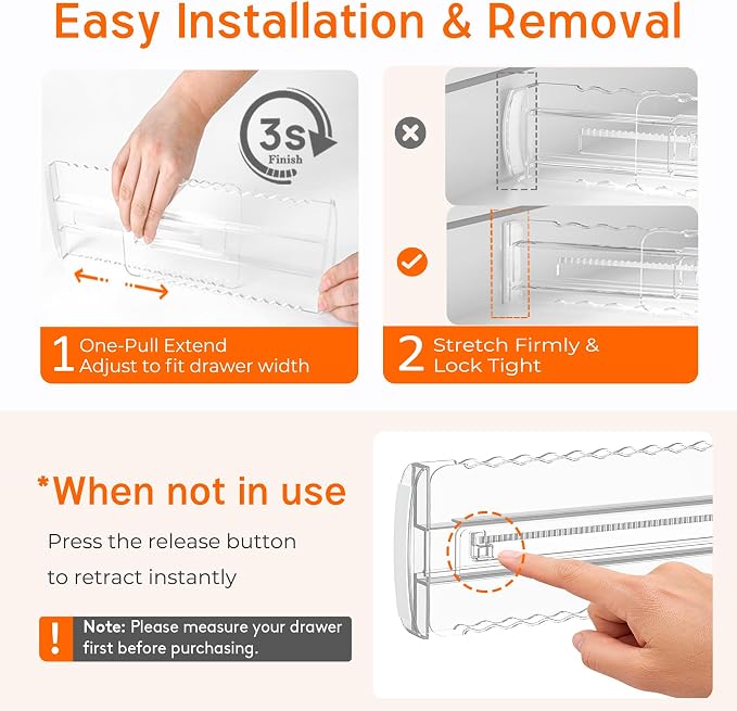 4 Pack 4" High Drawer Dividers for Clothes, 10.2"-16.5" Expandable Dresser Drawer Organizers, Adjustable Plastic Clear Drawer Separators for Kitchen, Baby Clothing, Socks, Underwear, Bedroom
