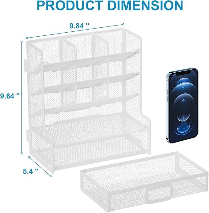 Marbrasse Larger Mesh Desk Organizer with Drawer, Multi-Functional Pen Pencil Holder, Easy Assembly, Desk Organizers and Accessories for Office Art Supplies (White) | Multi-Functional Pen Pencil Holder, Easy Assembly, For Office Art Supplies
