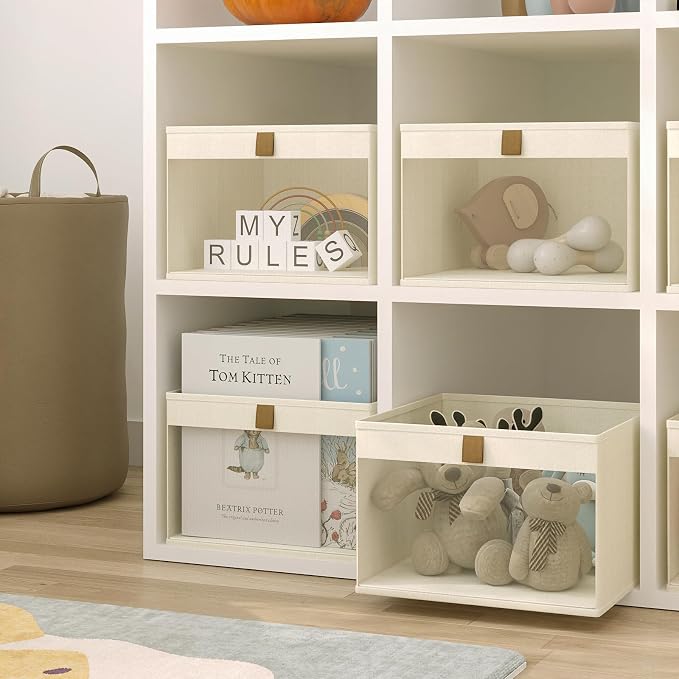 Linen Closet Organizers and Storage, Closet Storage Bins Basket Organizer, Foldable Organization Baskets with Mesh Window for Clothes Towels and Toys, 14.5" x 14.5" x 10.25", Beige, 2 pack