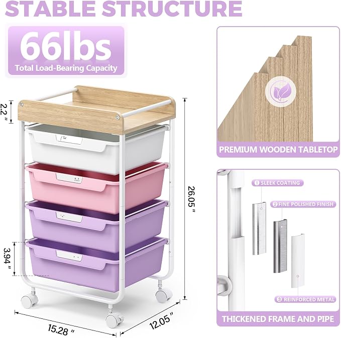 SYKIARIOL Rolling Storage Utility Cart with 4 Drawers,Kids Craft Art Cart,Makeup Organizer and Storage with Wooden Tabletop,Purple