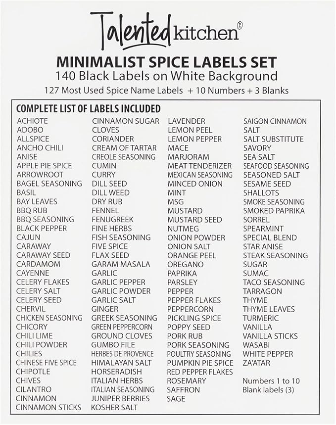 Talented Kitchen Spice Jar Labels - Minimalist Waterproof Kitchen Organization - Preprinted Spice Labels - Kitchen Pantry Organization Stickers - 140 Pack, 2.75 x 1.25 in, Black on White