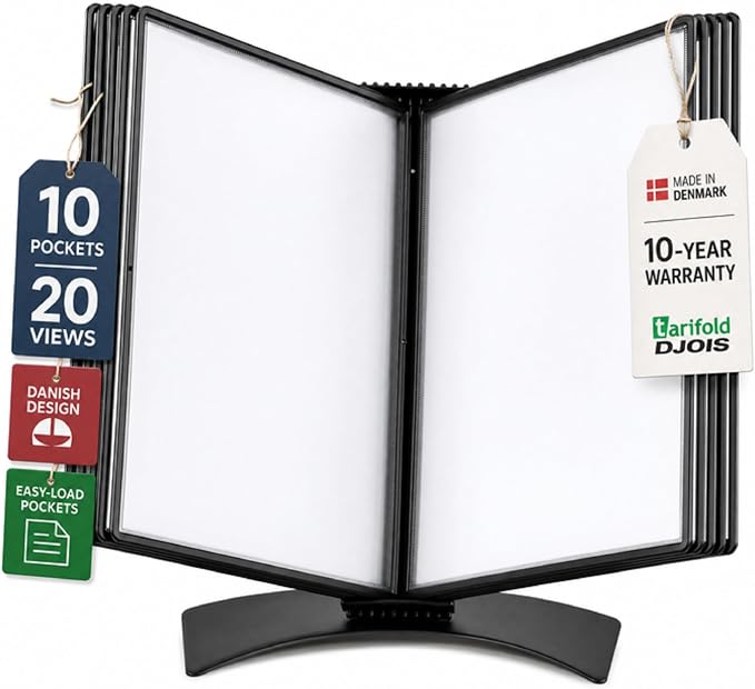 Tarifold Desktop Reference & Display System, 10 Double-Sided Pockets, 20 Sheet Capacity, Durable Metal Base, Easy-Load Polypropylene Pockets, Letter-Size, Made in Denmark, Black