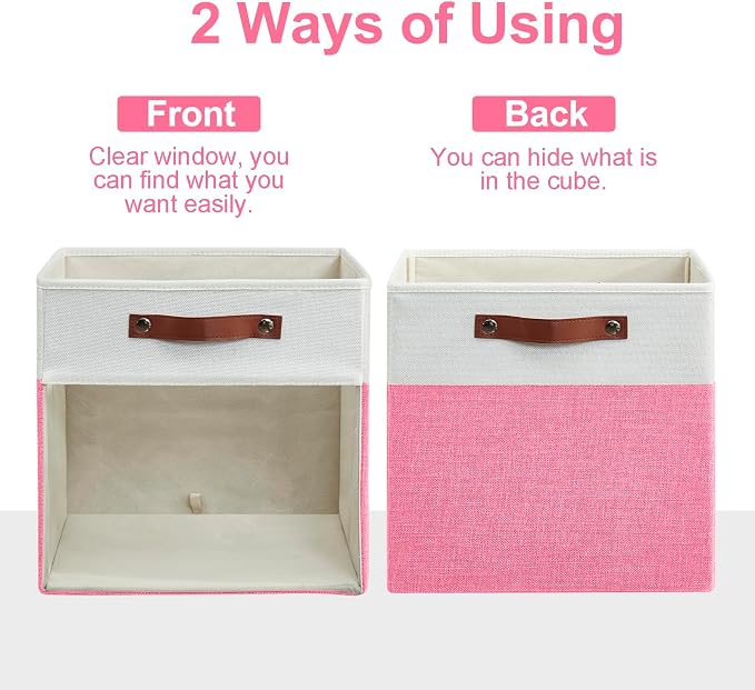 Bagnizer Storage Cubes, 4 Pack Linen Foldable Storage Bins with Clear Window and 2 Handles, 13x15x13 Storage Cube Bins for Shelf Closet, Kallax, Clothes, Books - (Pink / Off-White)