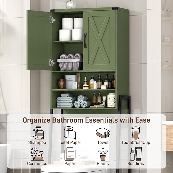 Vabches Over The Toilet Storage Cabinet, Farmhouse Over Toilet Storage Cabinet, Metal Frame with 2 Barn Doors, Home Space-Saving Toilet Rack for Bathroom, Toilet, Laundry Room.Green