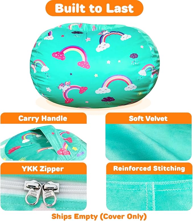 Lukeight Unicorns Stuffed Animals Storage Bean Bag Chair Cover Only (Ships Empty, No Filling) - Velvet YKK Zipper Beanbag Cover for Toddlers and Kids, Washable Plush Toy Organizer, Large 27" D x 16" H