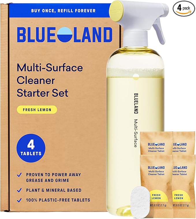 BLUELAND Multi-surface Spray Cleaner, Starter Set, Eucalyptus Mint | 100% Plastic-Free Tablet, EPA Safer Choice Certified, Free from Ammonia, PFAS & Microplastics, Safe on Glass, Stone, Wood