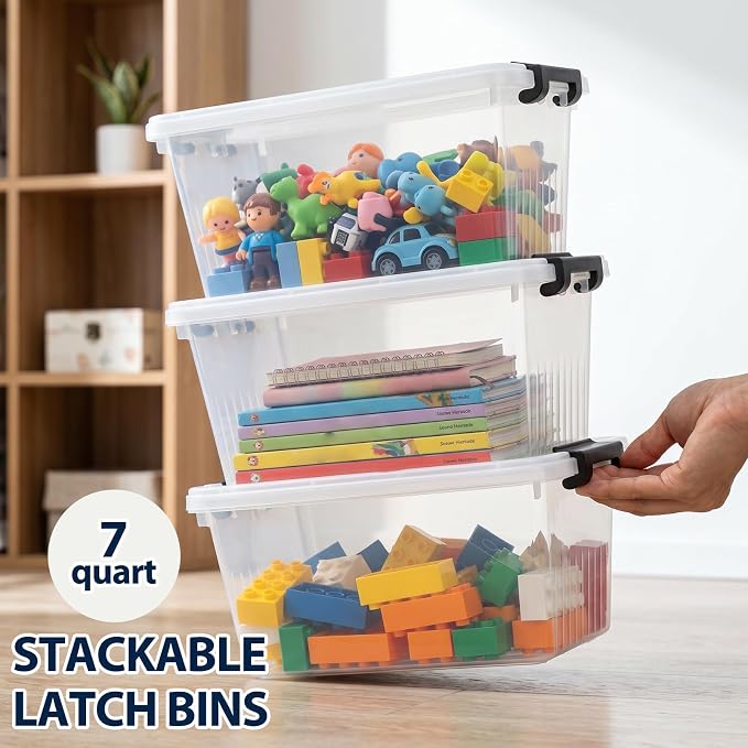 Storage Bins with Lids 6 Pack 7Qt Clear Stackable Organizer Containers