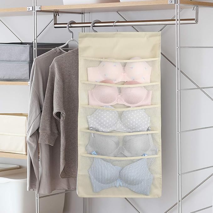 Bseash Enlarged Closet Hanging Bra Organizer with Rotating Metal Hanger, Dual Sided Wall Shelf Wardrobe Mesh Pockets Hanging Storage Bag for Bra Socks Underwear Underpants