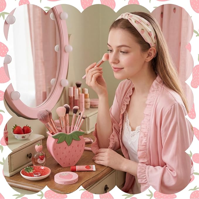 Mifoci Strawberry Pencil Holder Cute Pen Holder for Desk Organizer Wooden Pencil Cup Pink Berry Aesthetic Makeup Brush Storage, Back to School and End of Year Gift