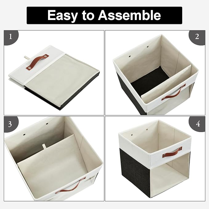 Bagnizer Storage Cubes, 4 Pack Linen Foldable Storage Bins (13 x 13 inch) with Clear Window and Handles, Fabric Organizer for Shelf Closet, Clothes, Books - (Black and White)