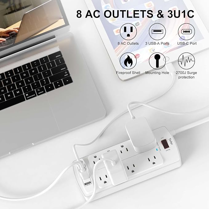 Surge Protector Power Strip, Yintar 6 Feet Flat Plug Extension Cord with 8 AC Outlets and 4 USB Ports, 2700 Joules, ETL Listed, White