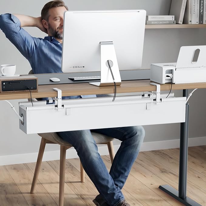 KEEGH Under Desk Cable Management Tray 36", Fabric Clamp/Screw Mount Cord Organizer, No Drill Under Desk Cable Tray for Home, Offices, Studios, Gaming Room (White)