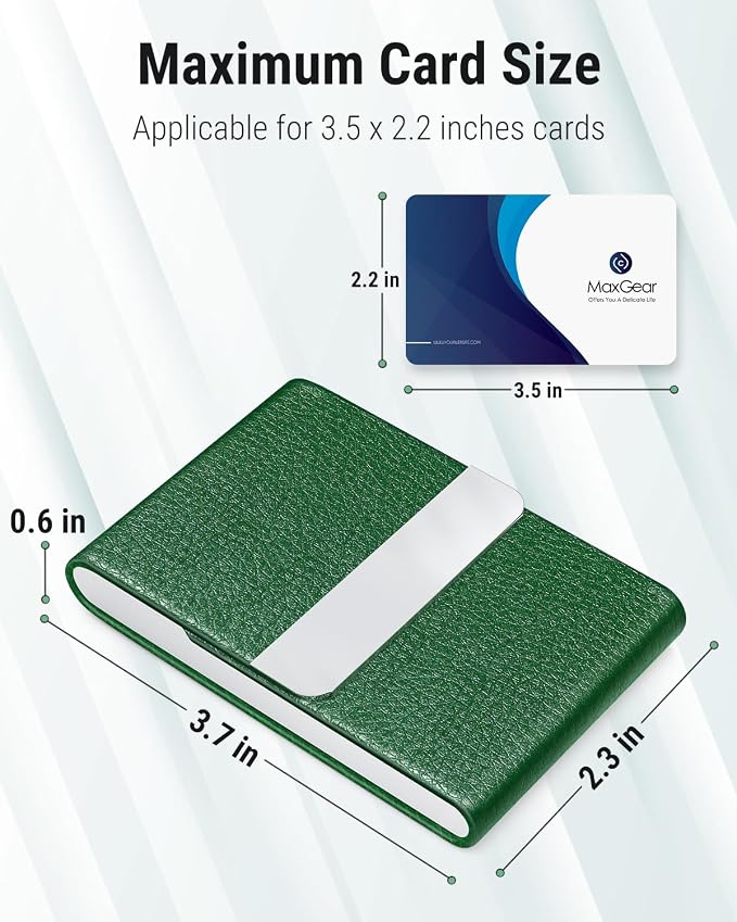 MaxGear Business Card Holder, PU Leather Business Card Case, Dark Green | Stainless Steel Interior, Magnetic Closure, RFID Blocking, Holds 15–25 Standard Business Cards