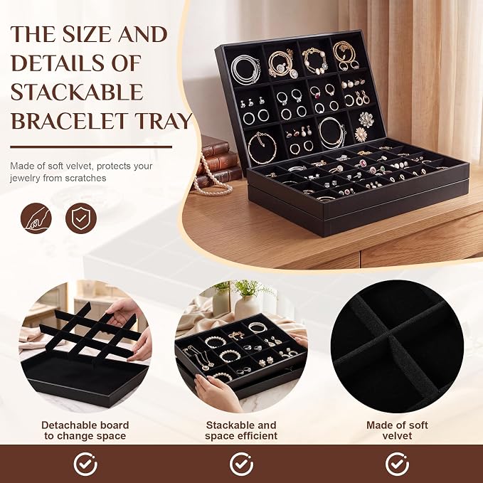 Unittype Set of 4 Stackable Jewelry Organizer Tray for Drawer Inserts Velvet Necklace Earring Bracelet Ring Holder Jewelry Display Storage Box for Bangle Stud Necklace Ring(24+12 Grid,Black)