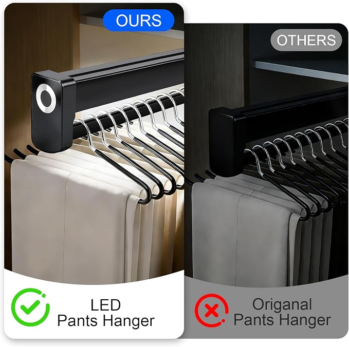 Pull Out Closet Valet Rods with LED Lighting, Slide Out Steel Pants Rack | Adjustable Heavy Duty Trouser Rack, Retractable Pants Hangers Top Mounted with Built-in Lithium Battery (500mm/19.6inch)