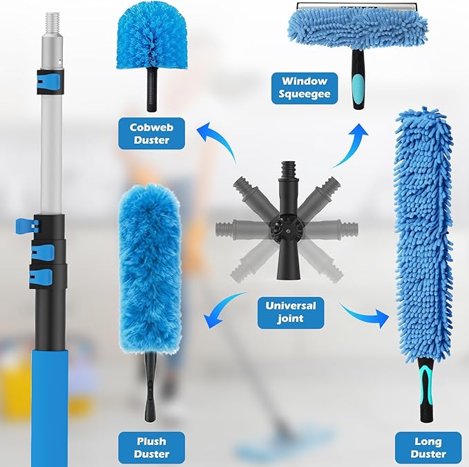 25FT Reach High Ceiling Duster Kits with 5-20FT Adjustable Pole - Includes Extra Long Duster, High Ceiling Duster, Rotatable Window Squeegee & Cobweb Duster for Ceiling Fans and Whole House Cleaning