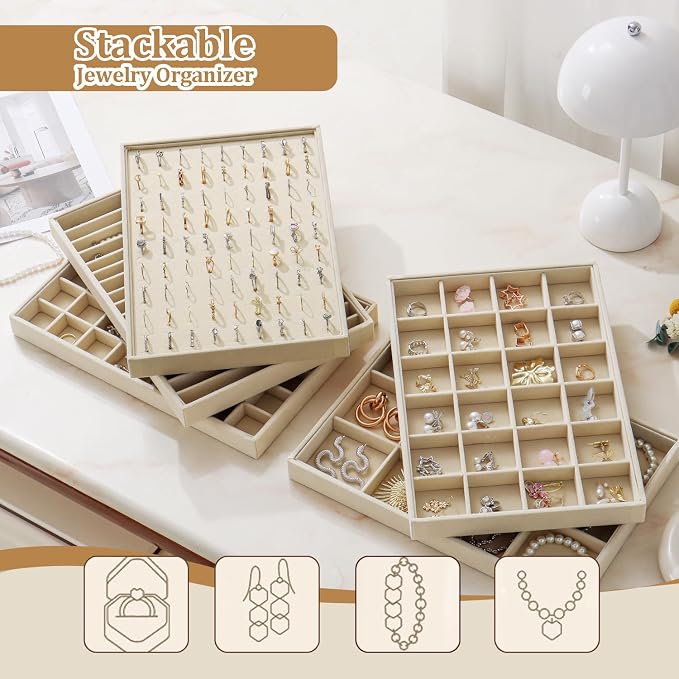 Large Jewelry Organizer for Drawer Insert Velvet Stackable Jewelry Trays for Earring Necklace Bracelet Ring Display (Beige, Ring 81 Slots)