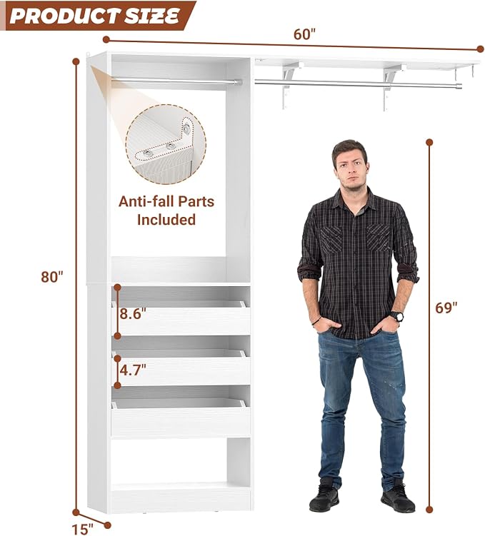 5FT Closet System with 3 Half-Open Wooden Drawers, 60'' Closet Organizer System with 2 Reversible Hanging Rods and Big Wing Shelf, 80" Tall Wall Mounted Wardrobe for Walk-in Closets, White