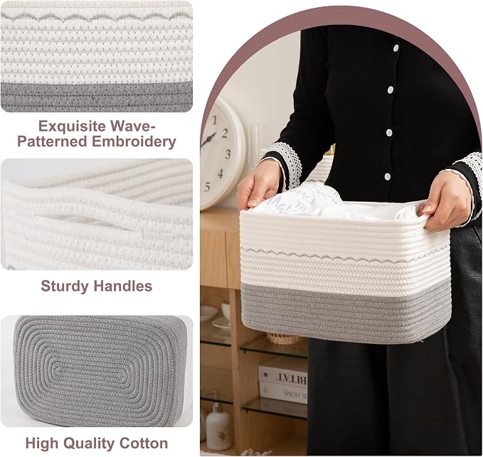 OIASKET 4 Pack Storage Baskets for Organizing, 13"X9"X7.87", Decorative Cotton Rope Baskets for Shelves, Small Woven Basket for Toys, Books and Towels, Grey & White