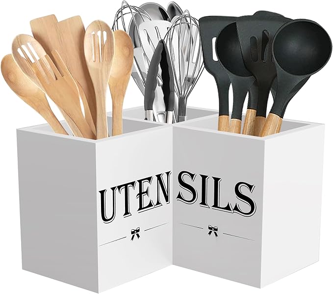 Suli Extra Large Utensil Holder Countertop for Kitchen Counter,Wood,White | Hold 40 Utensils,4 Removable Divider,Rutic Silverware Organizer Caddy,Spacesaving,Farmhouse Cooking Crock for Spatula,Spoon