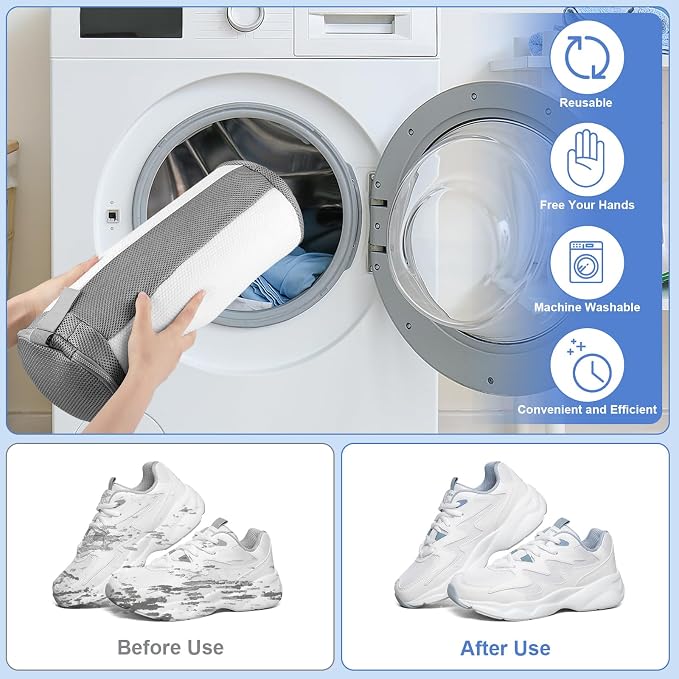 Dntorx 2 PCS Shoe Washing Machine Bags for Washer and Dryer, White + Grey | Reusable Laundry Shoe Bag, Hands Free, Hidden Self-locking Zipper, 360° Deep Cleaning, For Sneakers and All Shoes Types