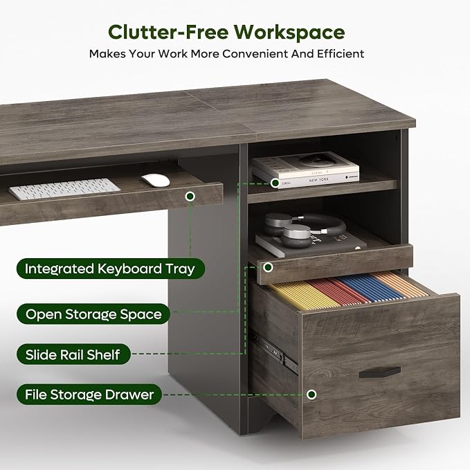 Bestier 47" Office Desk with Drawers, Industrial Computer Desk with Drawer, Reversible Teacher Desk with Storage & Keyboard Tray for Small Space Home Office & Studio, Gray Wash | 47 Inch Desktop With File Drawer, Open Storage, Keyboard Tray And Reversi...