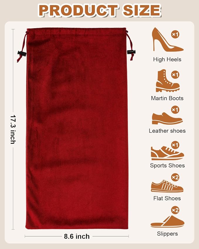 4 Pcs Single Shoe Bags for Travel, Dust Velvet Bag, Rio Red, 17.3x8.6 Inch | Washable & Reusable Travel Shoe Bags, Dustproof Shoe Bags with Drawstring Closure, Suitable for Travel, Home Storage