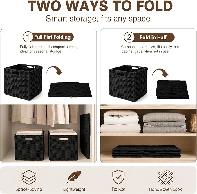 Cotton Rope Cube Storage Baskets Set of 2, 11 Inch Foldable Cubby Organizer Bins with Handles, Handwoven Square Basket for Organizing, Cube Closet Storage Bins for Shelves, Home Decor (Black 2 Pack)