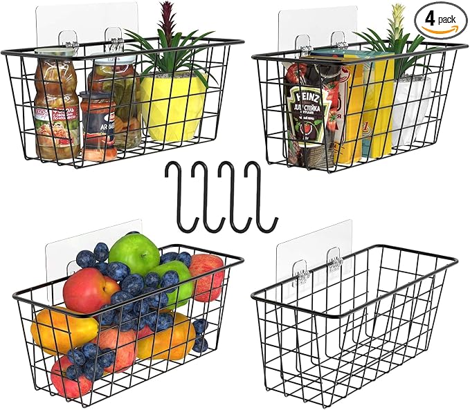 MaraFansie Over the Cabinet Door Organizer Wall Wire Baskets Hanging Kitchen Basket Shelf for Cabinet & Pantry Organization and Kitchen, Bathroom, Bedroom Storage, with Adhesive, 4 Pack