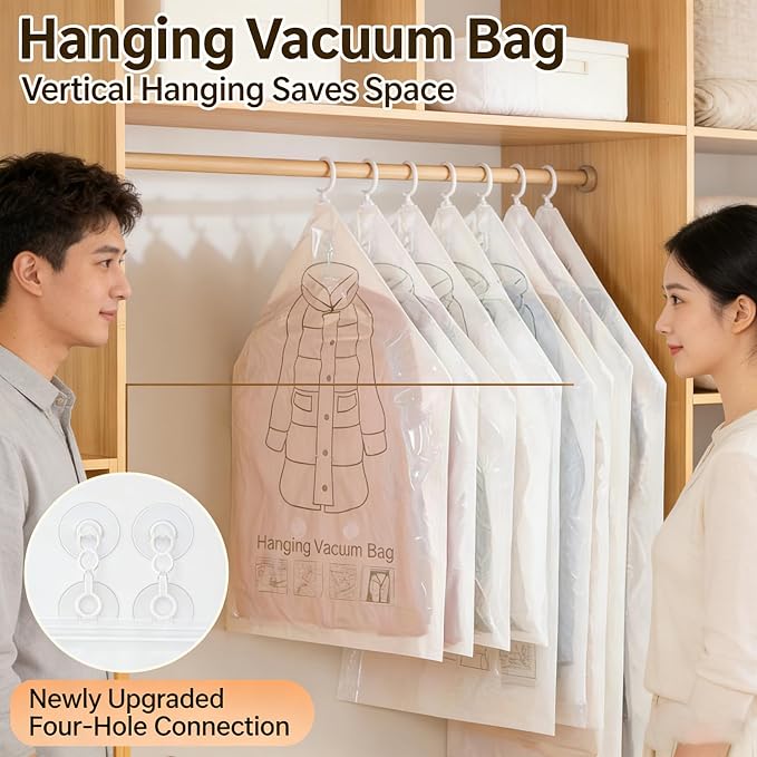 Hanging Vacuum Storage Bags for Coats, Hanging Vacuum Sealer Storage Space Saver Bags, Reusable Thickened Hanging Vacuum Bags with Hooks for Closet, for Clothes, Suits, Dresses, Coats (2S+2M+2L)