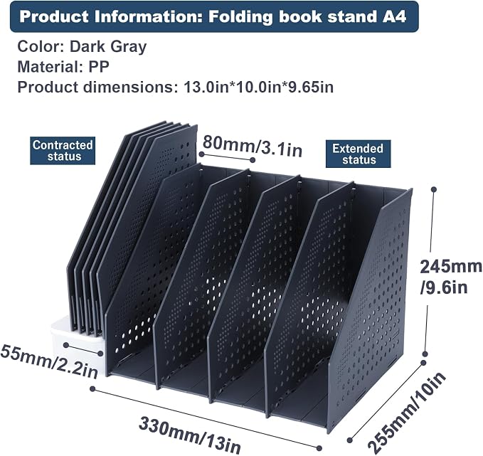 FRETONBA Collapsible Magazine File Holder, 4 Vertical Compartments | Foldable Space-Saving, Sturdy Plastic Binder Holder, Compact for Desk or Shelf, for Office & Home, Easy Access, Dark Gray