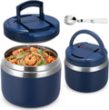 MAXSO 14oz Vacuum Insulated Food Jar with Spoon Buckle Lid, Kids Soup Thermo for Hot Food Wide Mouth Leakproof Stainless Steel Lunch Container - Navy Blue