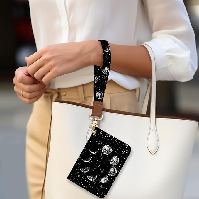 Blusabaca Women Credit Card Holder, Small RFID Wallet with Wristlet Strap | Moon, Removable Keychain, Case Zipper, PU Leather, Cash Coin Pocket, Business Purse with Key Lanyard, Ladies Female Gift