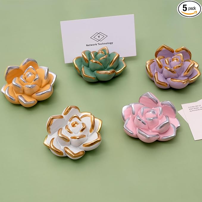 Resin Succulent Business Card Holder Set of 5 - White, Pink, Green, Purple, Yellow - Cute Card Display Stand for Store, Weddings and Office Desk Decor Accessories - Unique Gift for Women