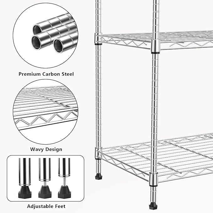 M MZG 1250 lbs 5 Tier Shelf Metal Storage Shelves Wire Rack Closet Organizers with Wheel for Garage Kitchen Bathroom Laundry Chrome 13.7" D x 23.6" W x 62.4" H