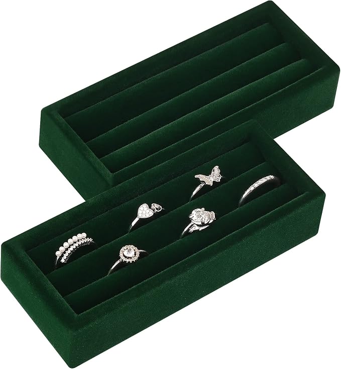 Small Jewelry Tray-Ring Organizer 2PCS Premium Velvet Rings Earrings Display Tray Storage Insert Holder for Jewelry Box, Drawer, Dresser (3 Slots, Green)