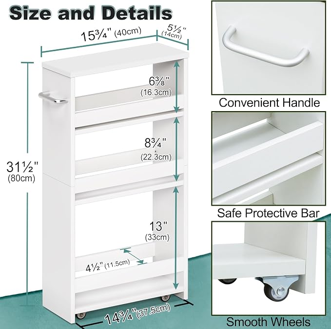 MARTY White Slim Storage Cart with Wheels, 4 Tier Rolling Utility Cart with Handle Slide Out Shelving Unit Organizer Trolley for Laundry Kitchen Bathroom Narrow Places Small Corner